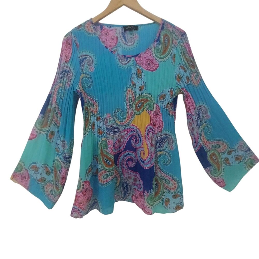 Melissa Paige Colorful Top Size L Paisley Turquoise Accordion Long Sleeve